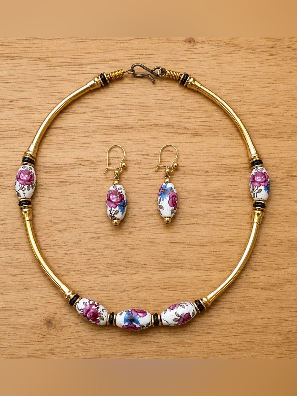 Vintage Boho Floral Ceramic Bead Choker Necklace & Earrings Set